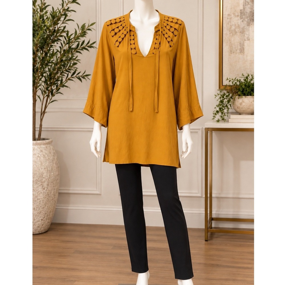 Diane von Furstenberg Womens Silk Tunic Applique Cutout Mustard Yellow Size 0